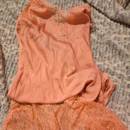 Elegant Coral Satin and Lace Long Babydoll
