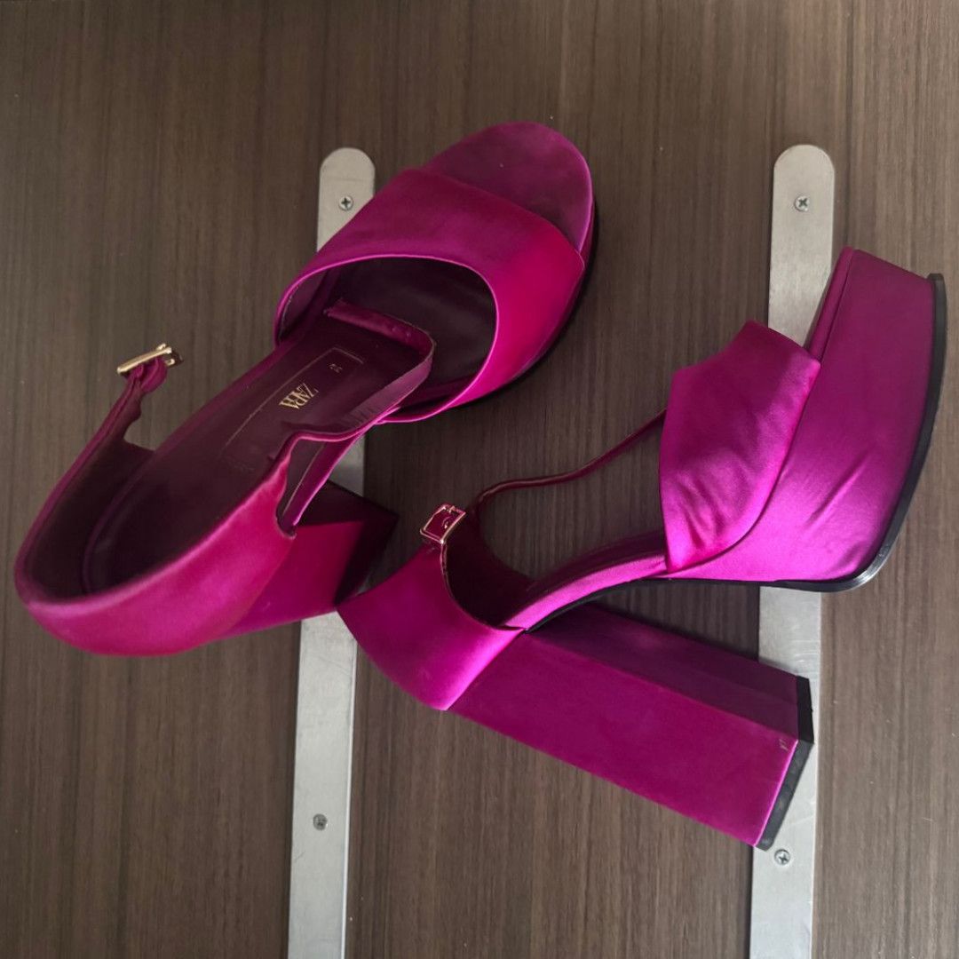 Zara Pre Worn Satin Fuchsia Platform Heels Size 39