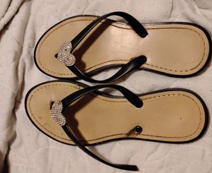 Cute black tan flip flops heart bling decal BROKEN size 10