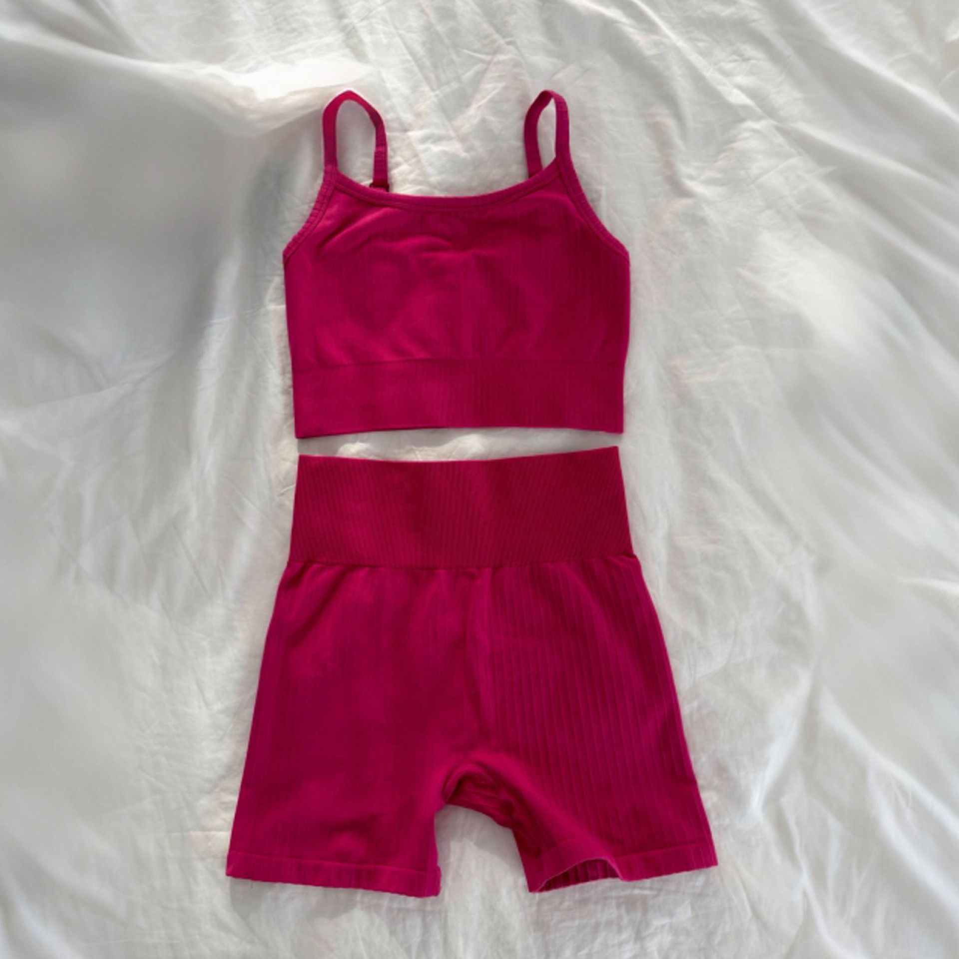 Pink Ribbed Sports Set Crop Top Shorts