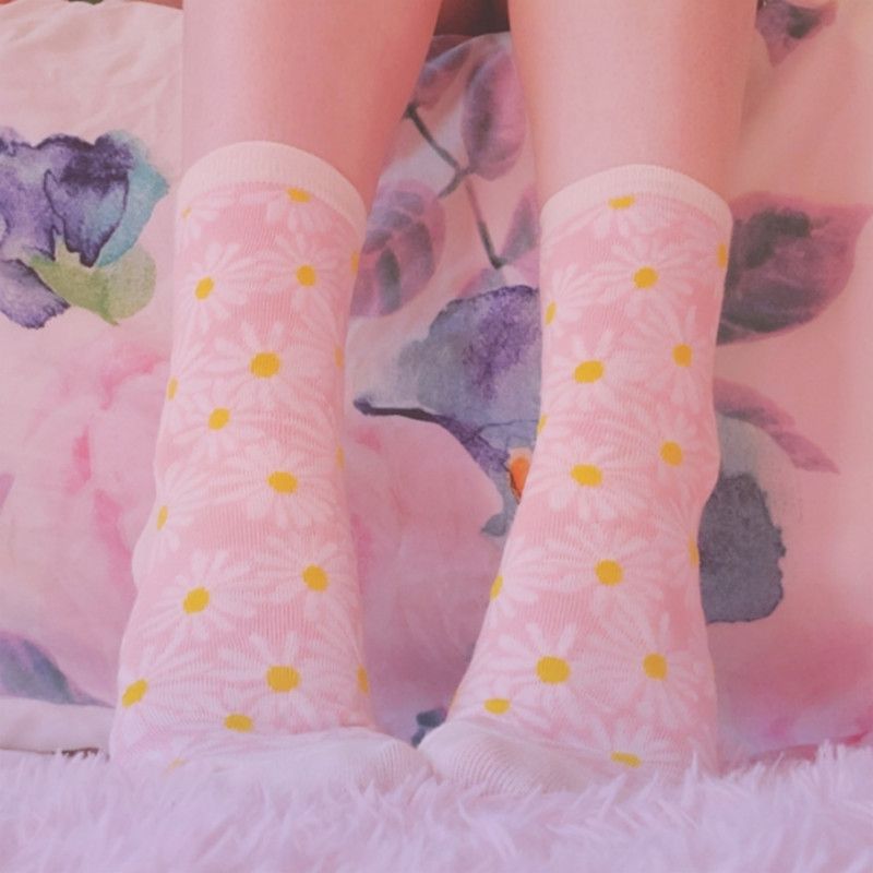 pink and yellow daisy socks