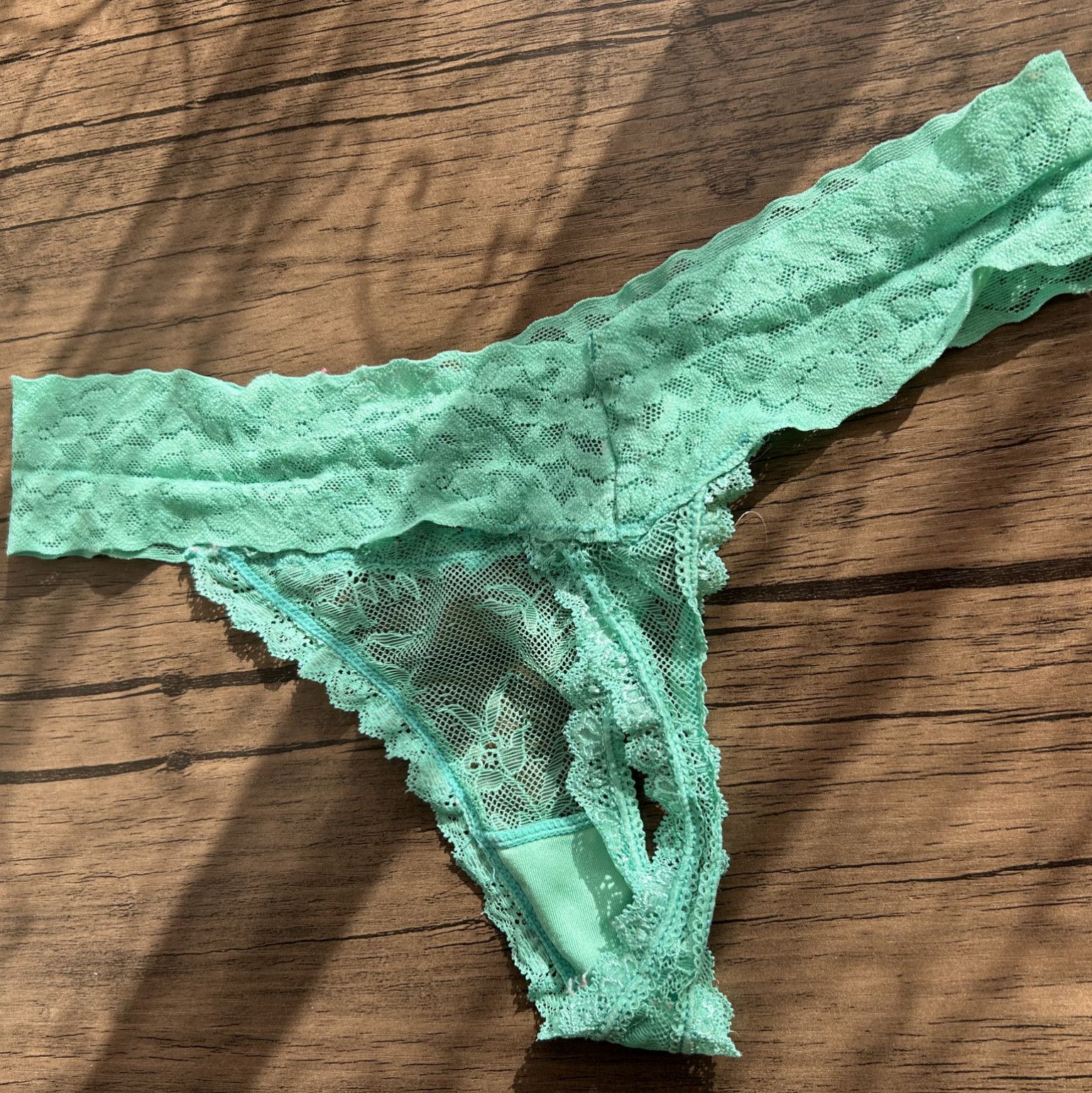 USED Worn Turquoise Lace Mesh Thong Panties