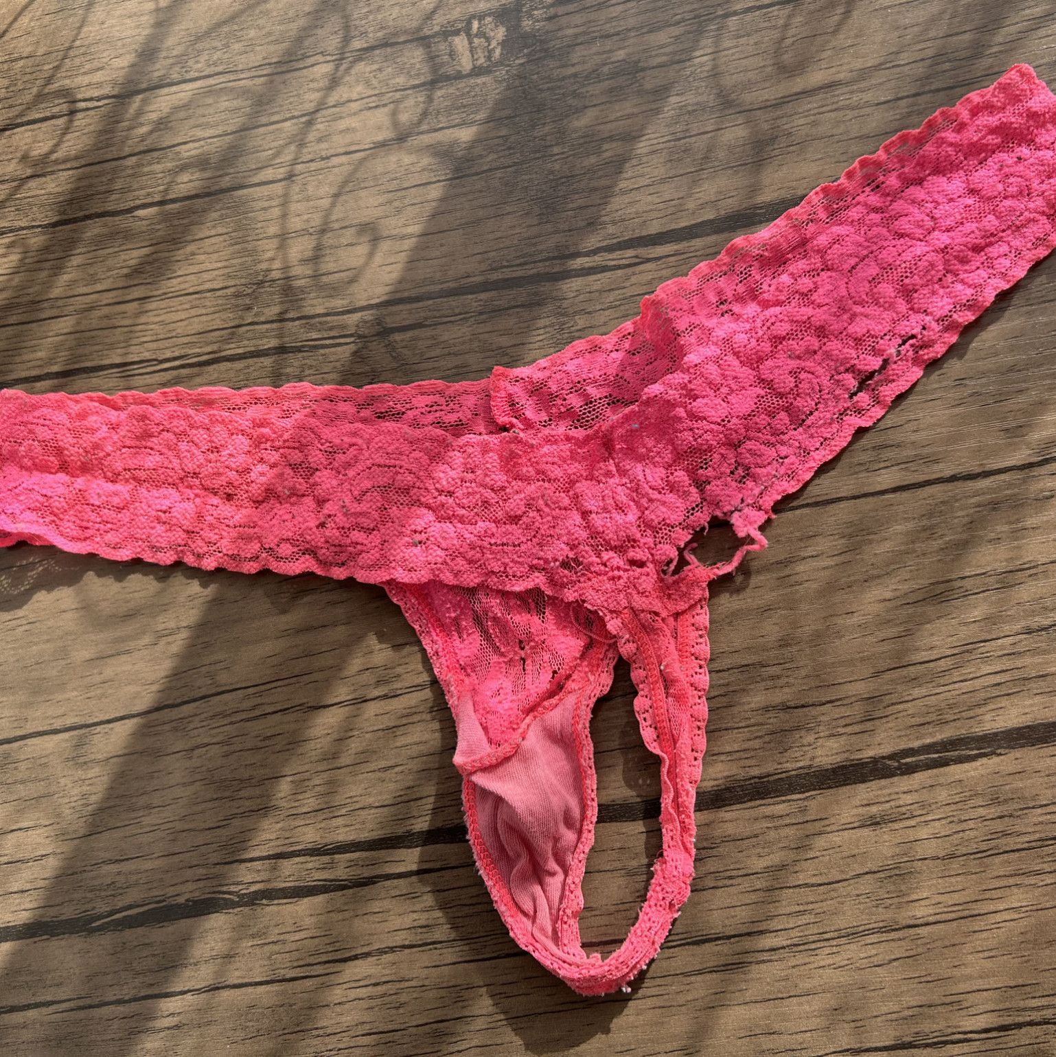 USED Very Worn Pink Lace Stretched Out Wedgie Thong