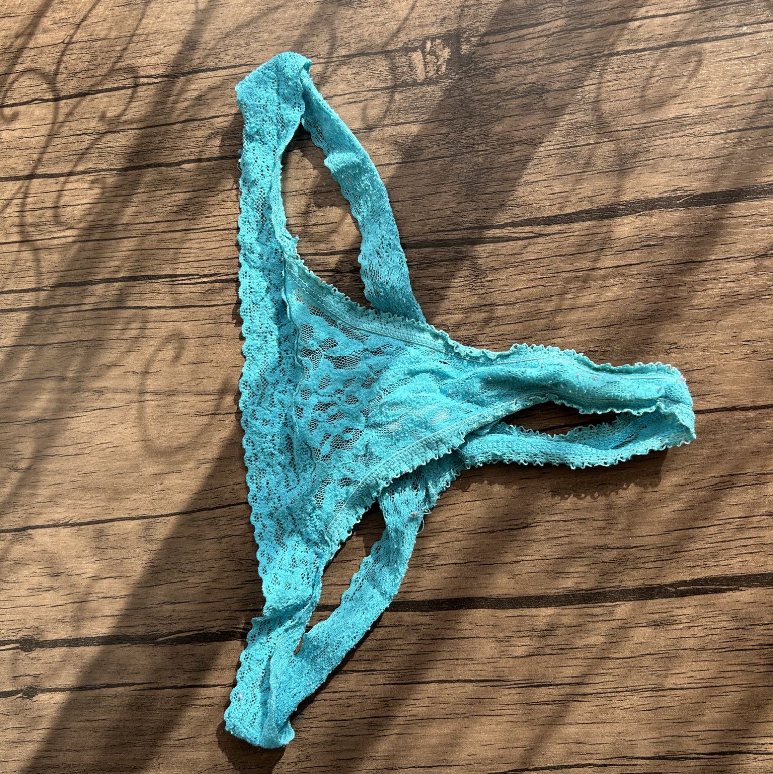 USED Worn Blue Lace Thong Stained Panties