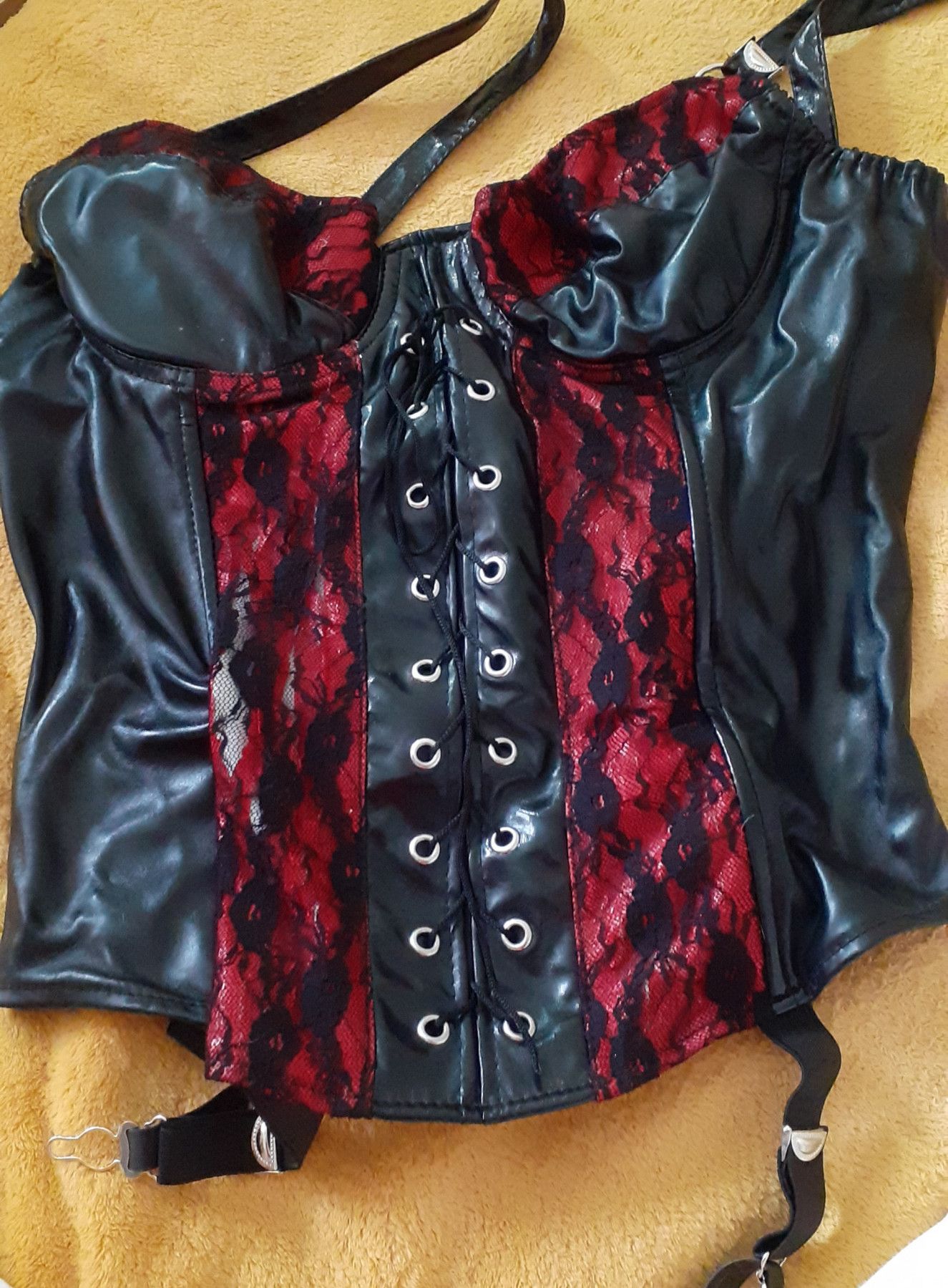 PVC black Basque with red lacey design down front