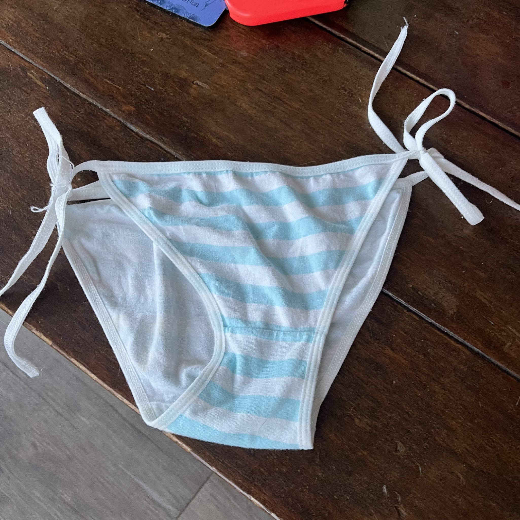 Blue and white bikini underwear