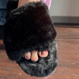 Used Black Fluffy Slippers Well Worn