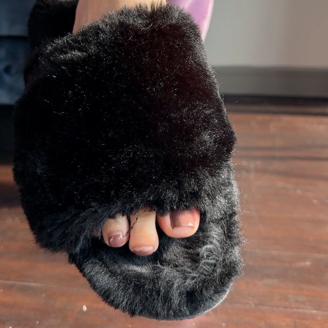 Used Black Fluffy Slippers Well Worn