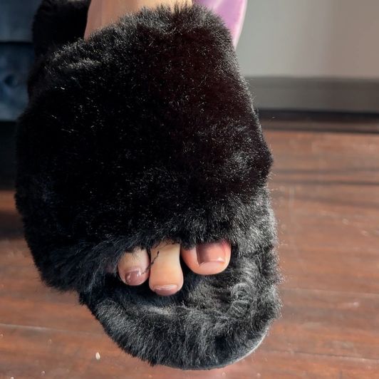 Used Black Fluffy Slippers Well Worn