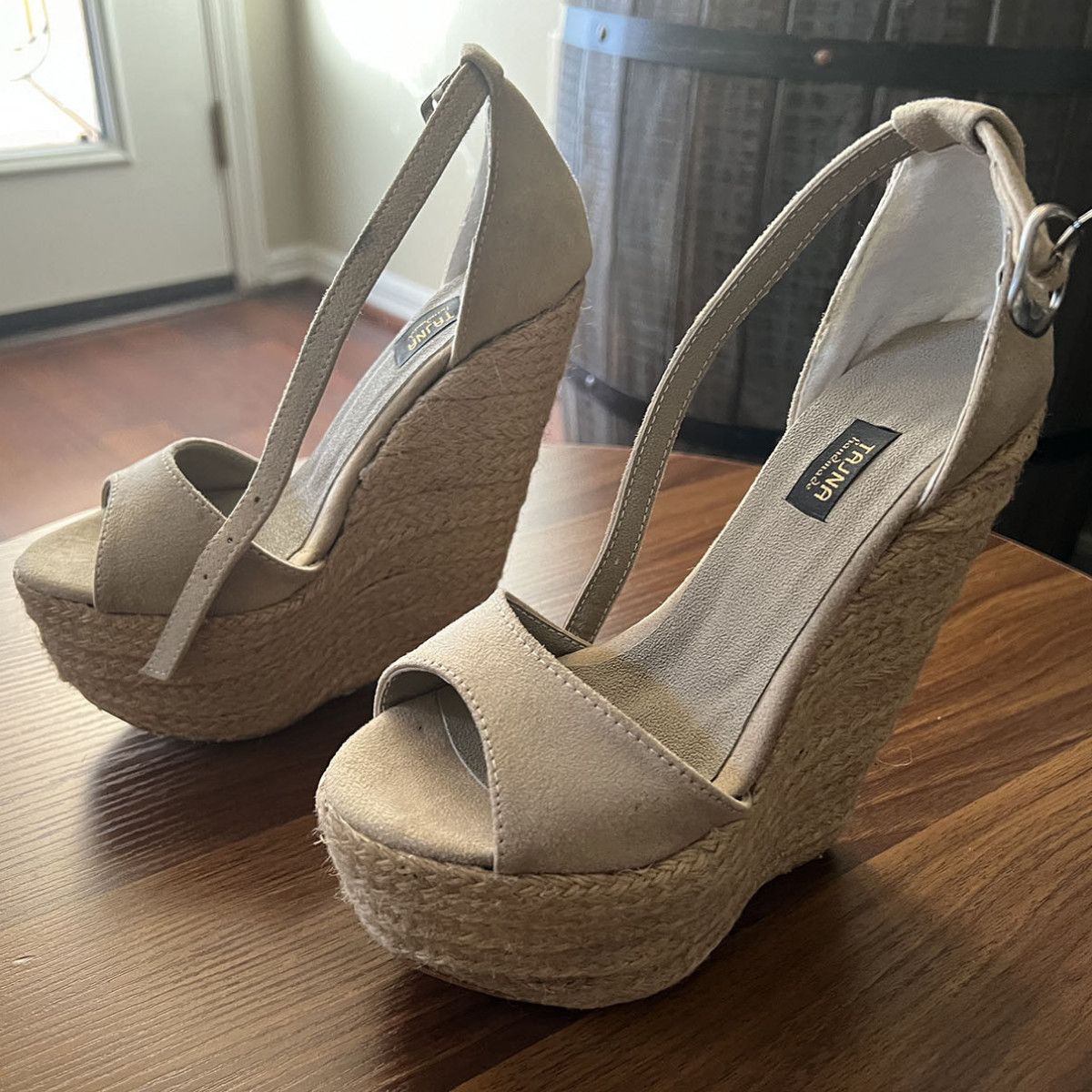 Worn Espadril Beige High Heel Wedges