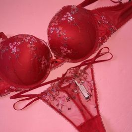 Victorias Secret Worn Bra and Thong Strappy Red and Pink Set