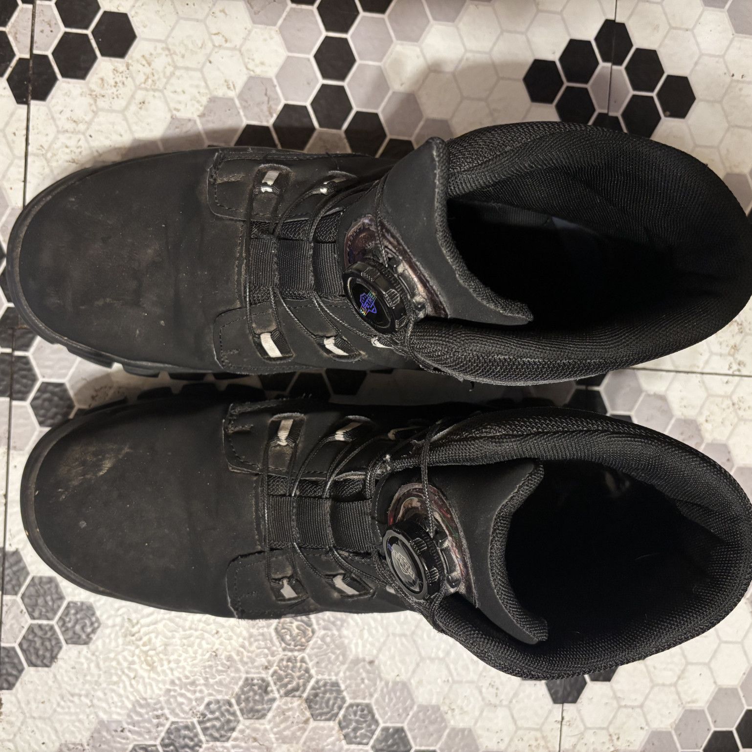 Worn Black Leather Steel Toe Boots