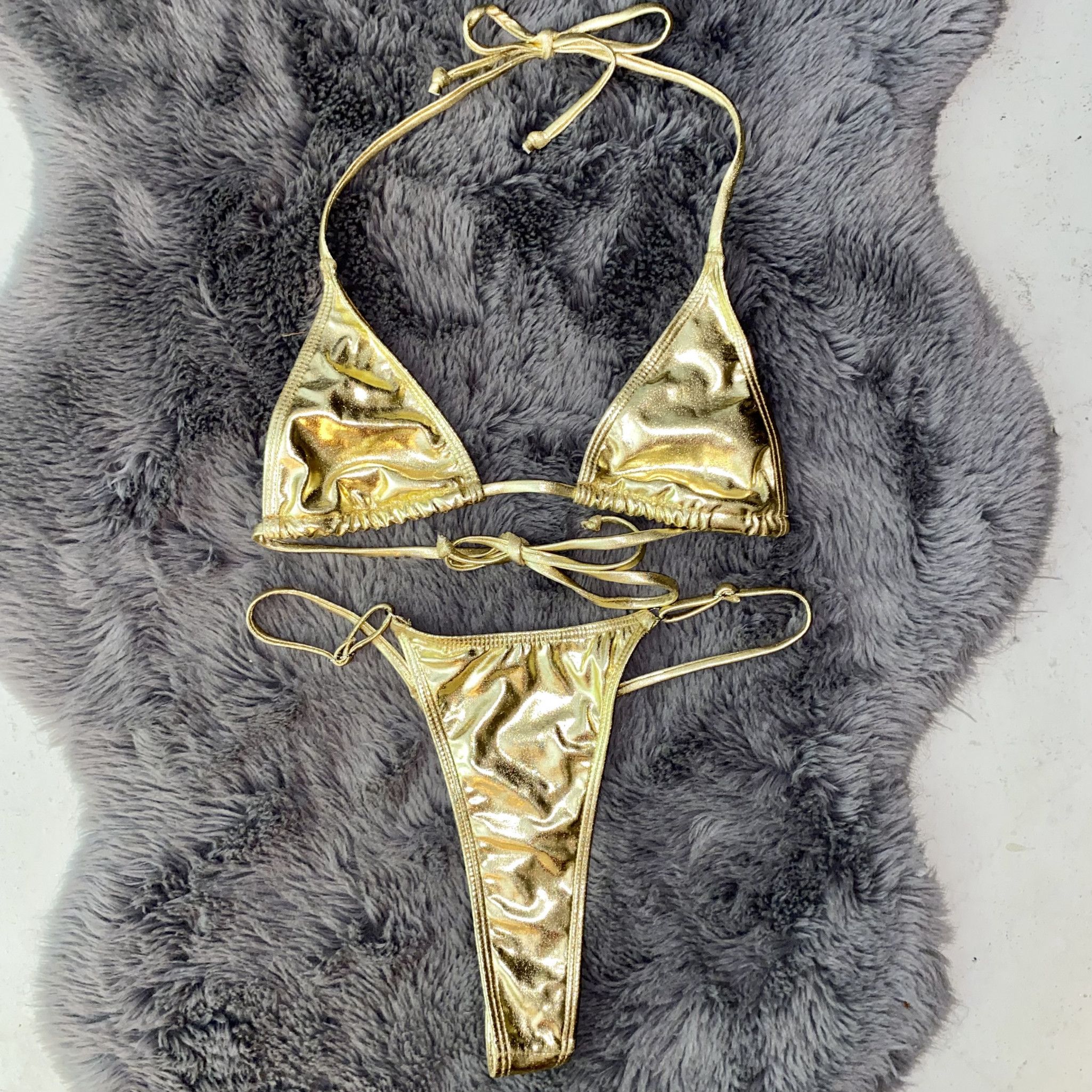 Gold Metallic Thong Bikini Set