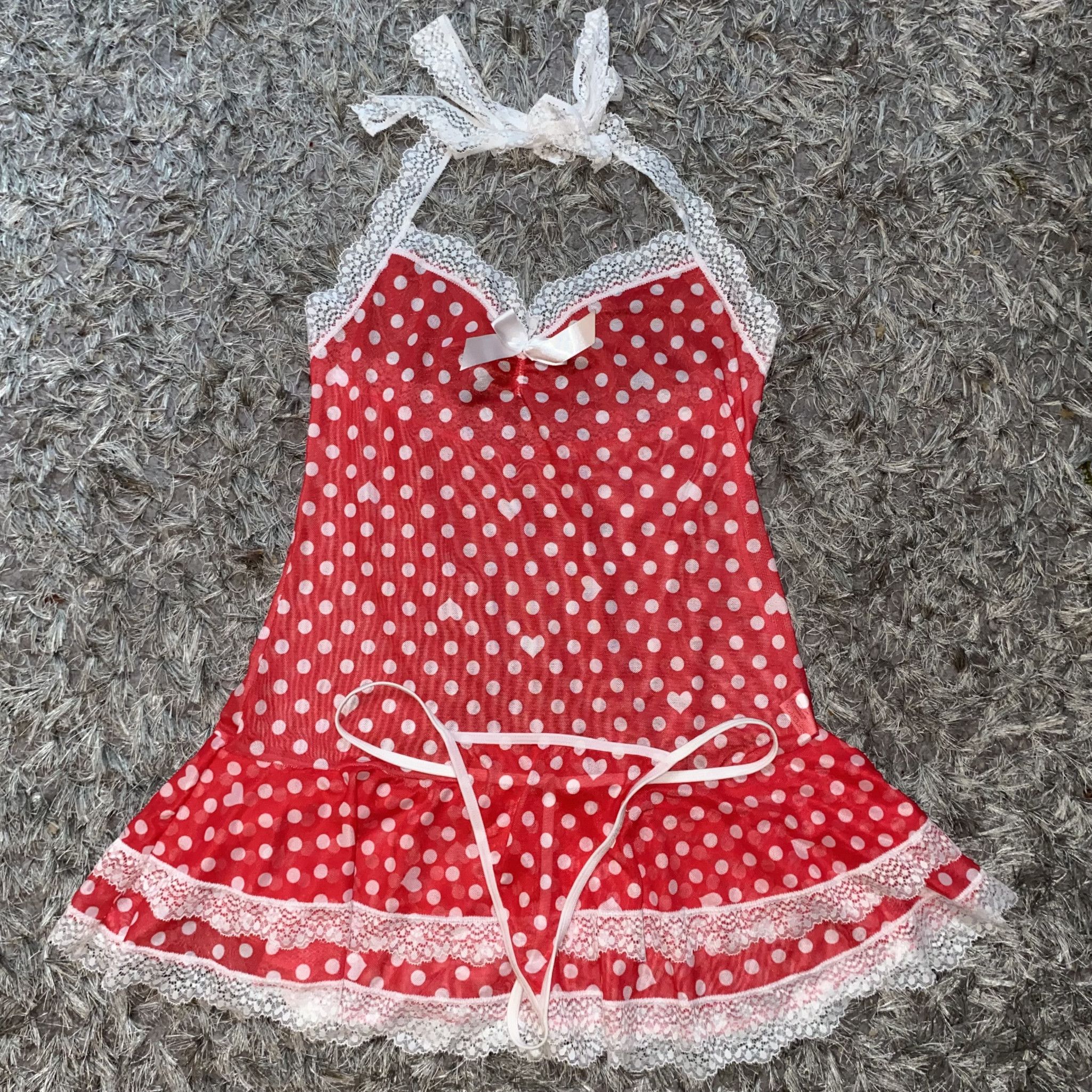 Red Mesh Polkadot Lingerie Mini Dress