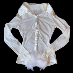 White Sheer Fur Trim Button Up Blouse