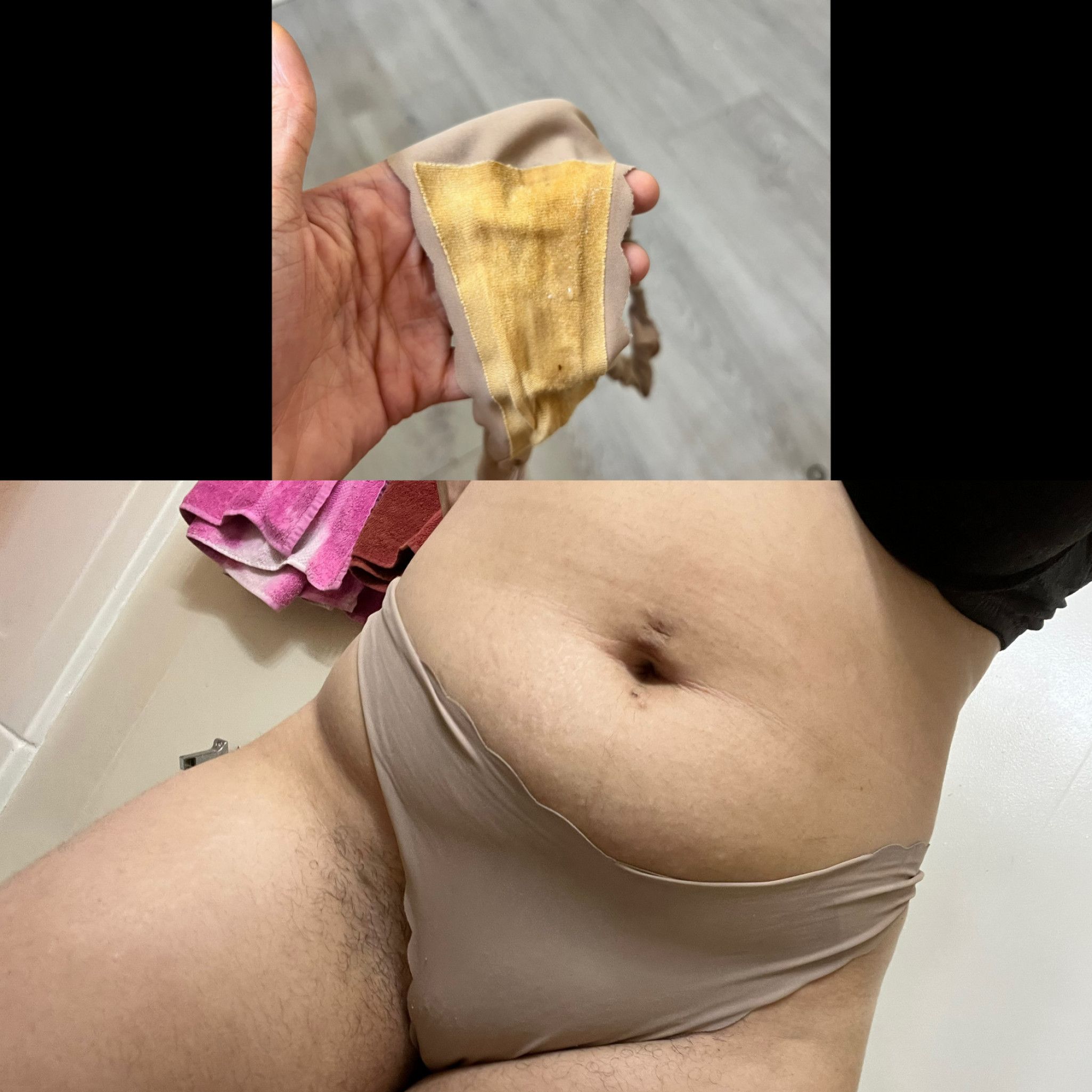 Discharge soaked sweaty thong