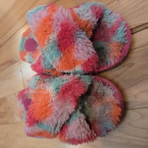 Multicolored fuzzy slippers