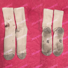 dirty white crew socks w coffee stain