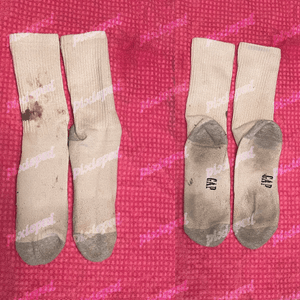 dirty white crew socks w coffee stain