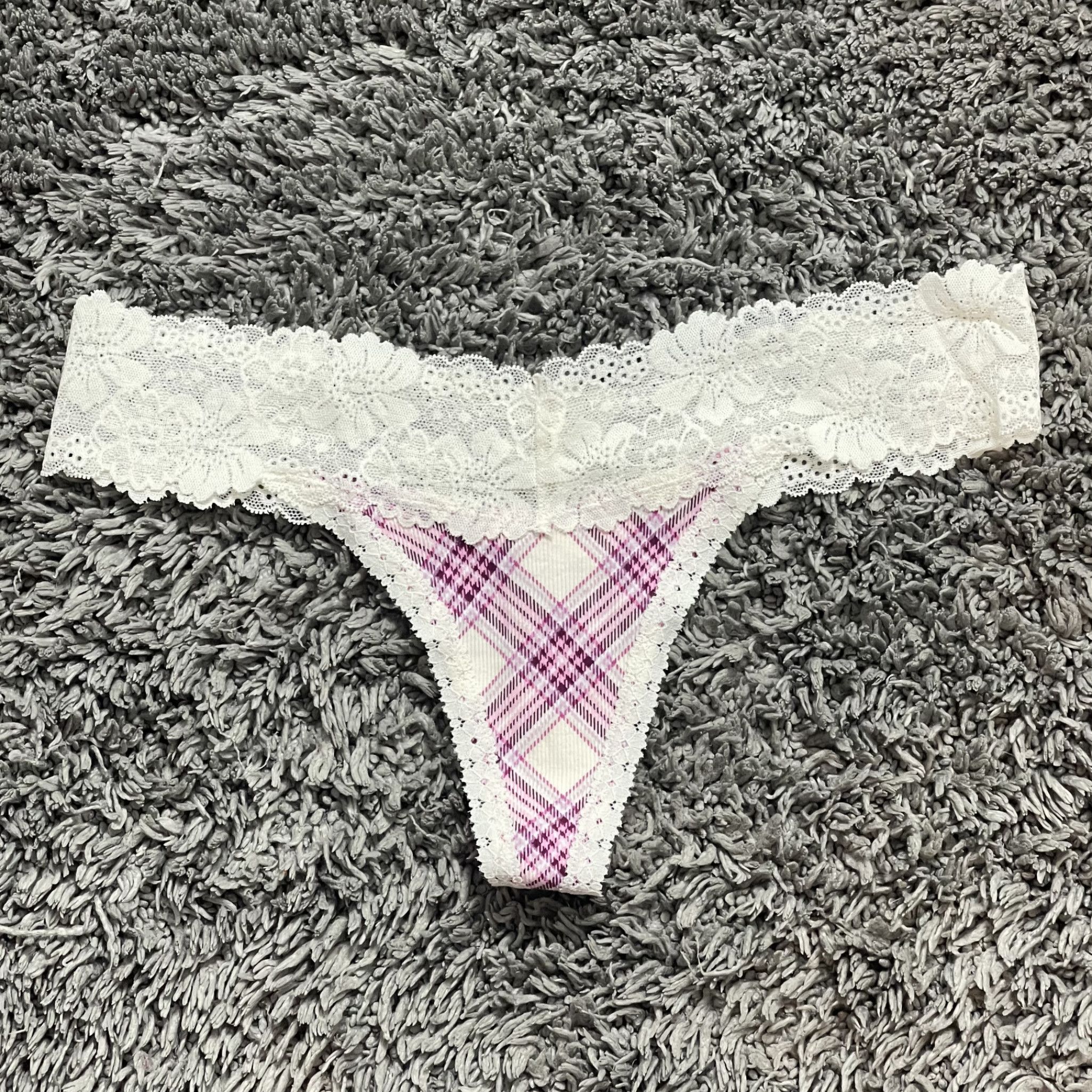 White Plaid Lace Thong