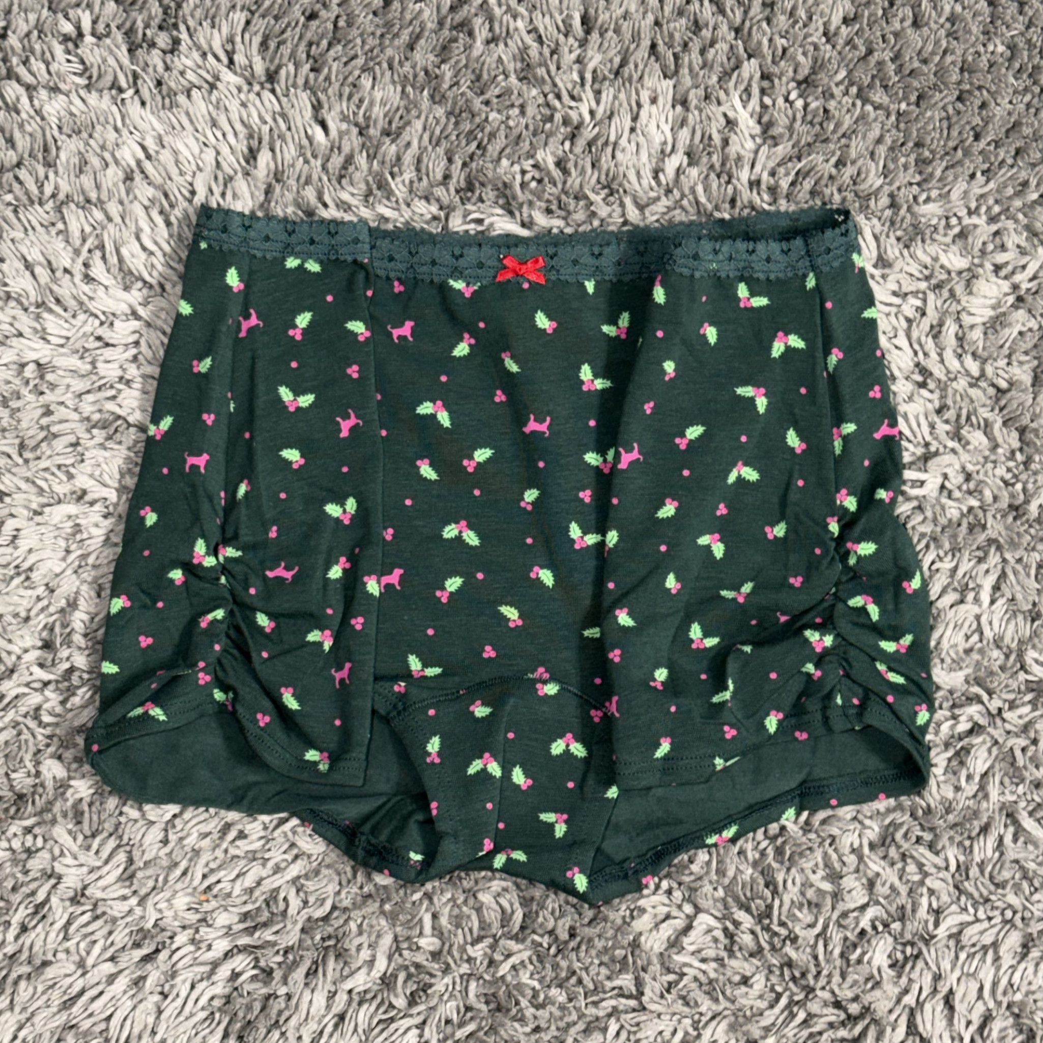 Dark Green Cotton Boyshort w Red Bow and Lace