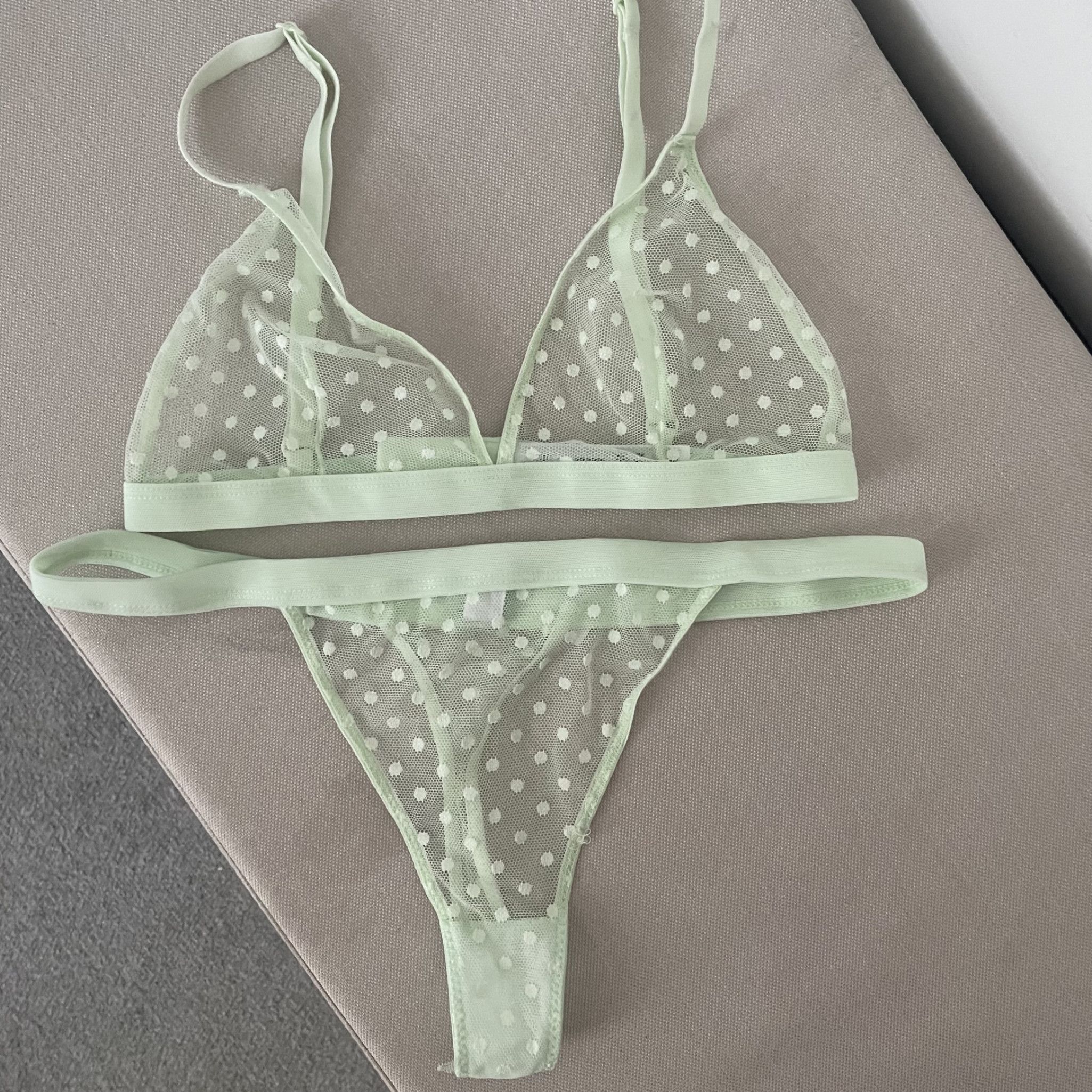 worn polka dot mesh bra and thong set
