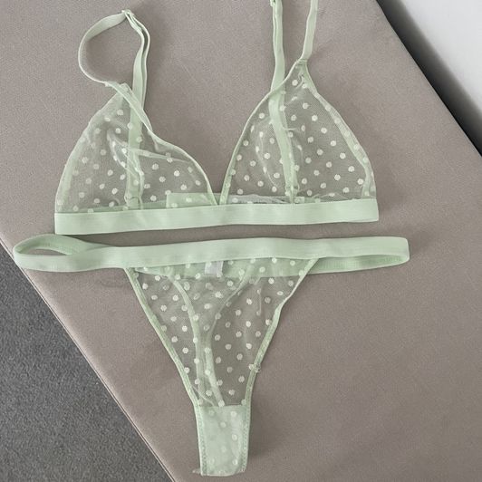worn polka dot mesh bra and thong set