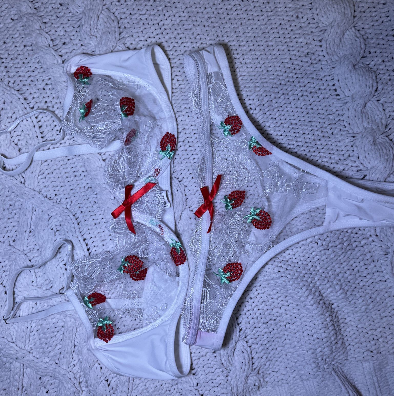 white lingerie set with strawberries