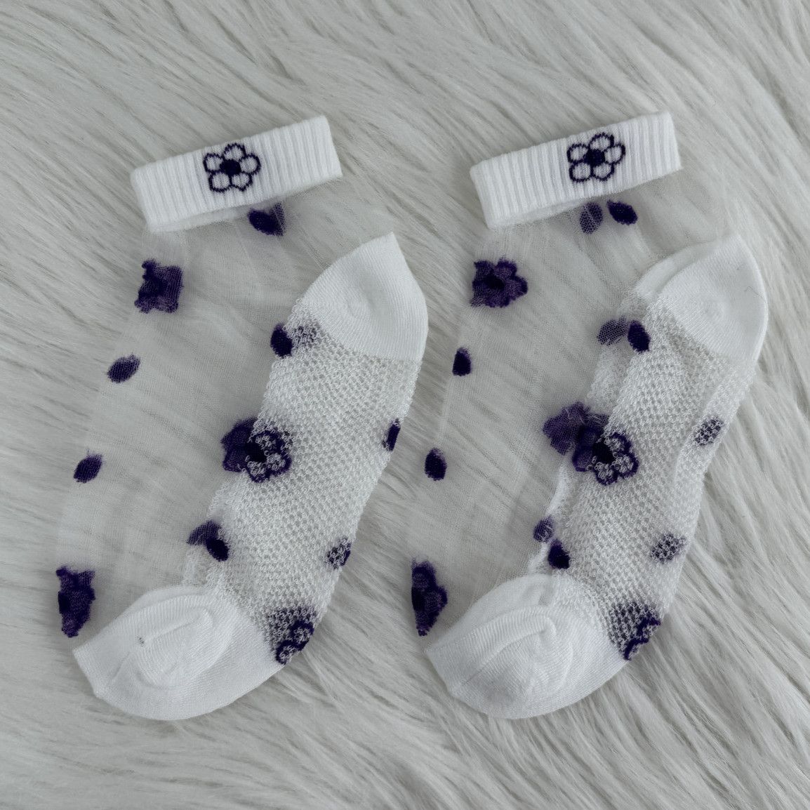 Transparent Socks with Purple Flowers