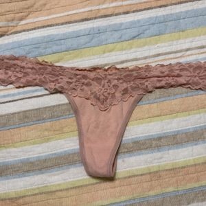 Tan cotton thong with lace waistband