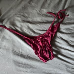 Well Worn Crotchless Burgundy Lace Thong