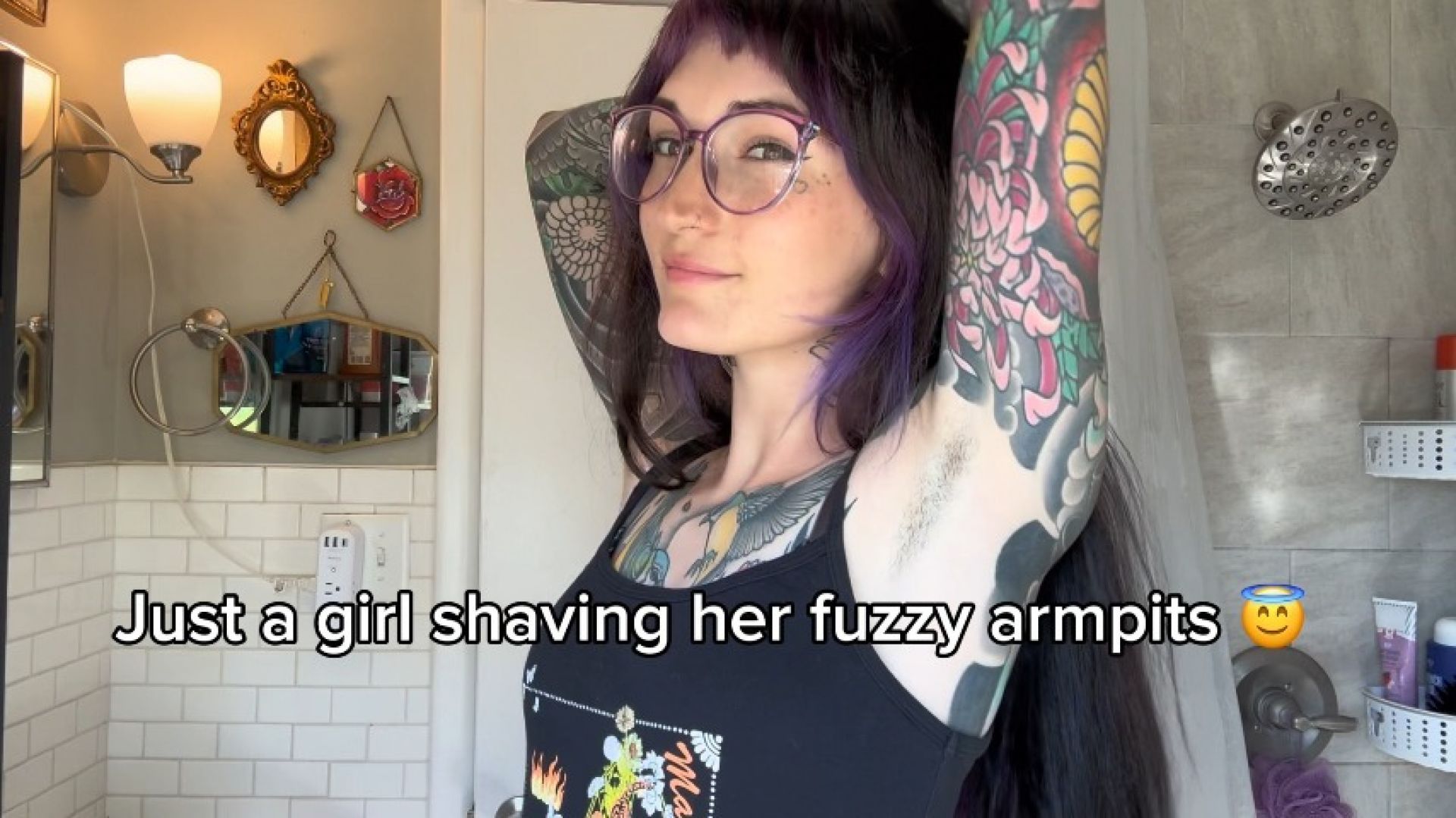 Brunette Tattoo Model Shaving Armpits