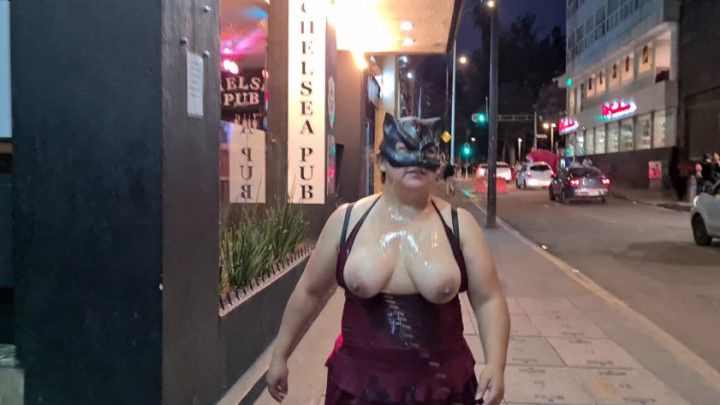 Cumwalk after 50 strangers bukkake. Bathed in cum in public