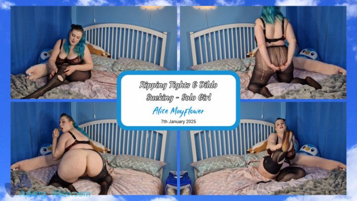 Ripping Tights &amp; Dildo Sucking - Solo Girl