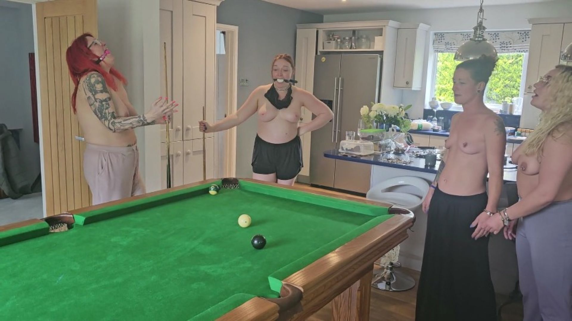 4 girl forfeit pool game - Bondage and striptease edition