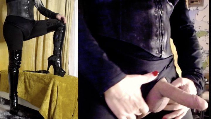 PLAYING SOLO BLACK CATSUIT AND THIGH HIGH BOOTS