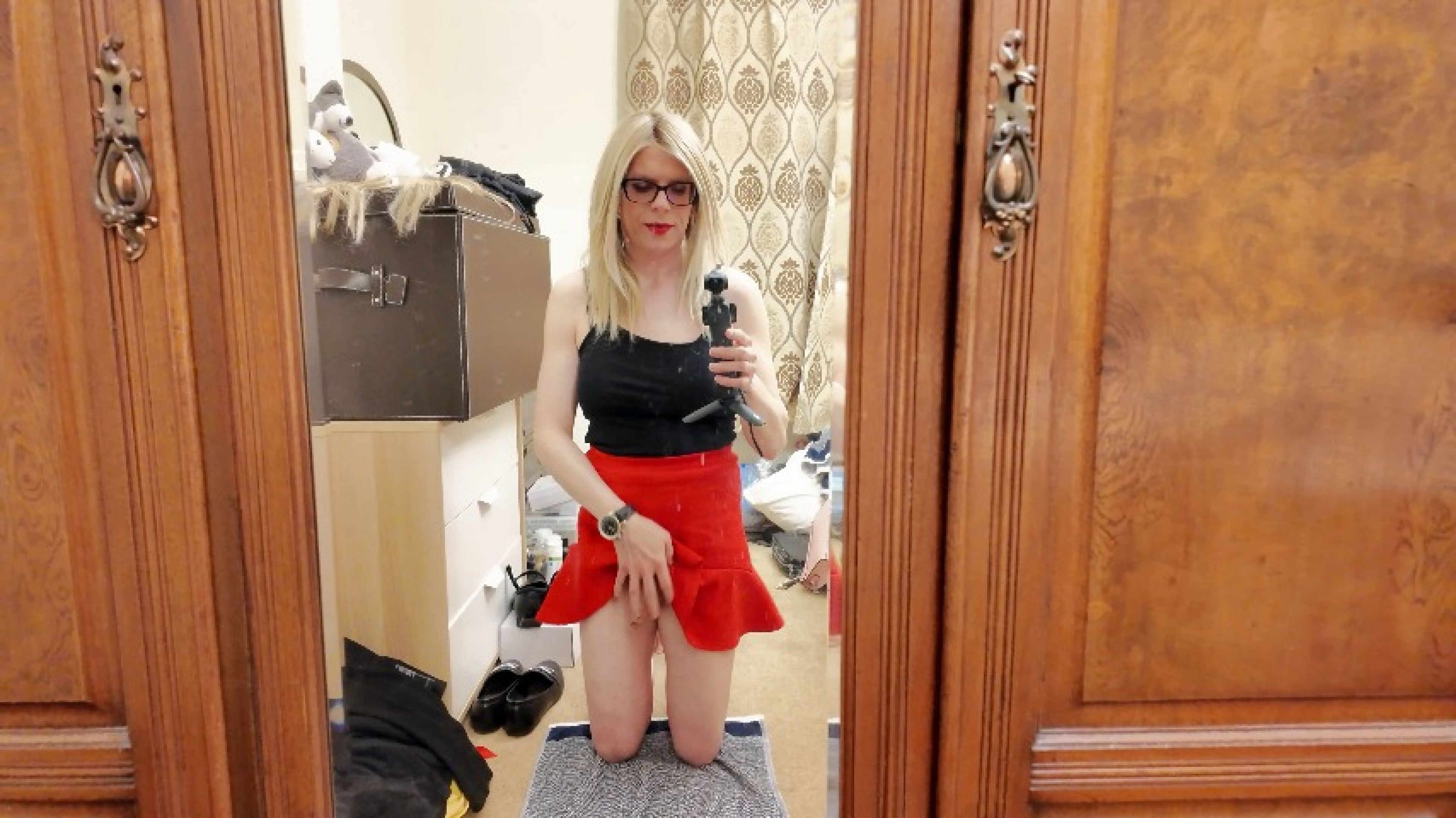 Trans Big Cock Cum In a Red Miniskirt
