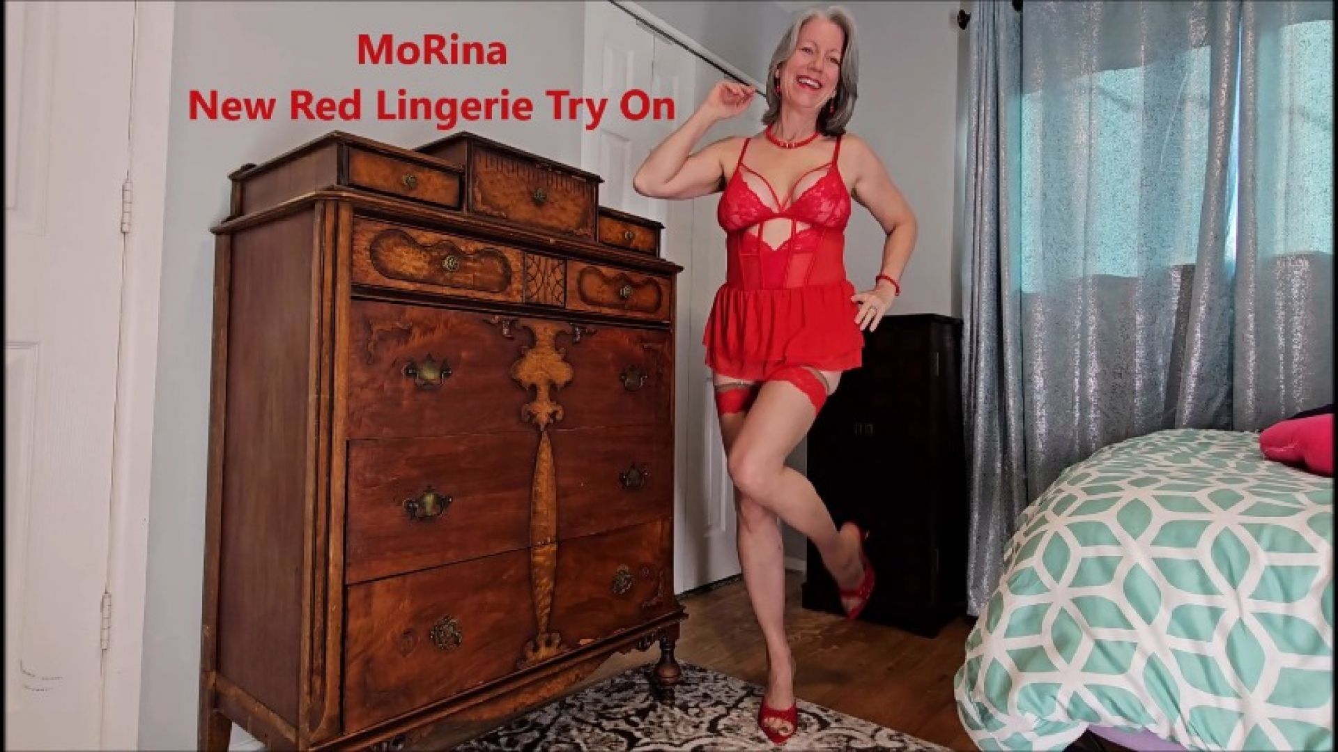 New Red Lingerie Try On - MoRina gfe lace stockings mules
