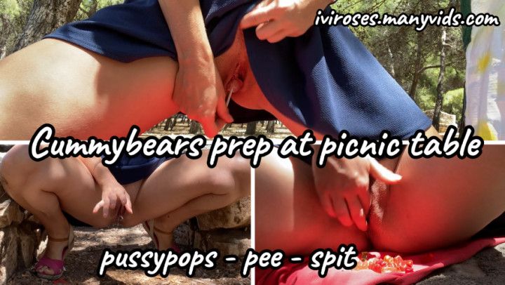 Cummybears prep at public picnic table
