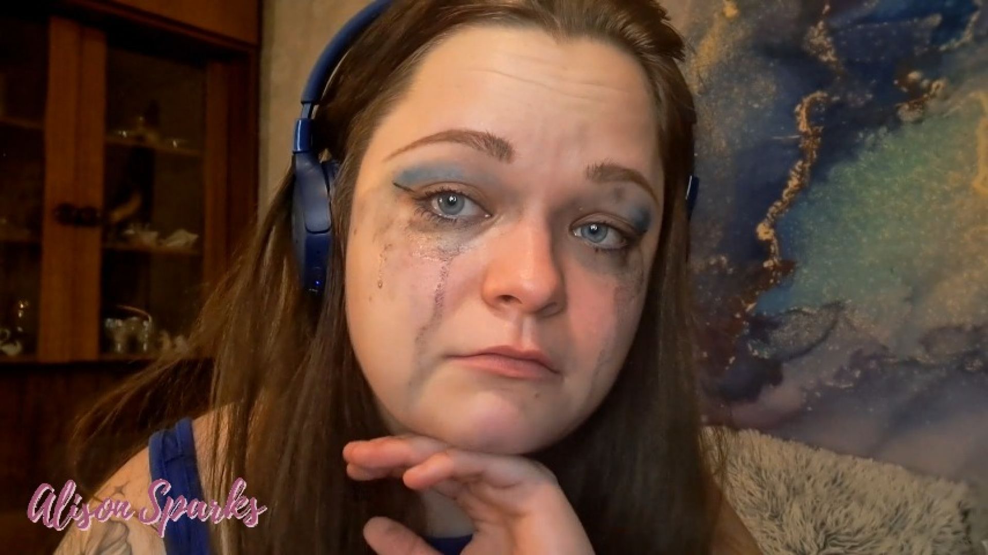 Close-up crying and ruined makeup