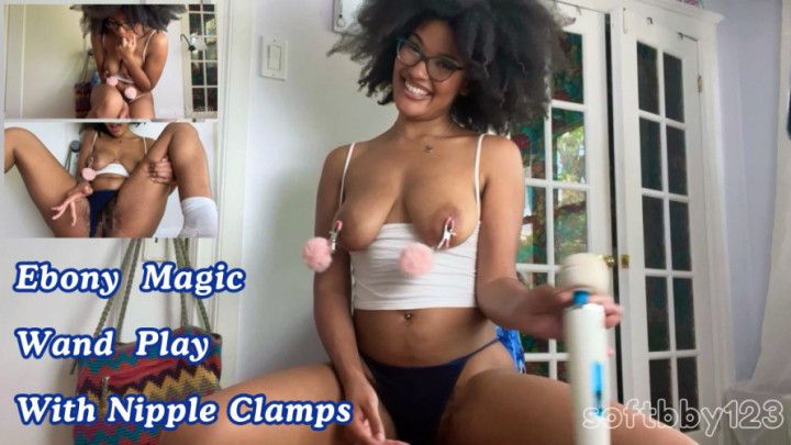 Ebony Magic Wand Play With Nipple Clamps