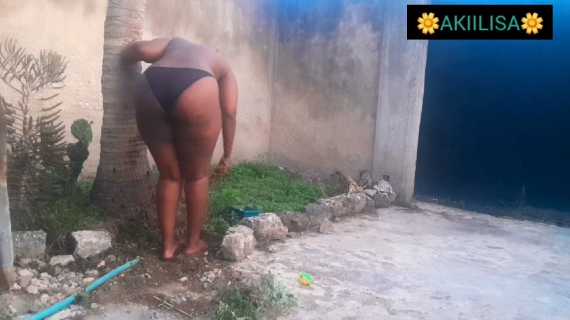 Gardening topless in panty only