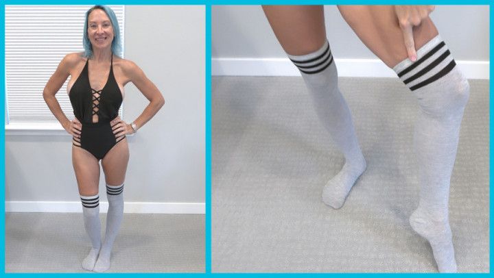 Knee High Gray Tube Socks Try On