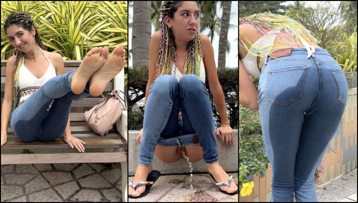 Public Wetting Jeans in Park near the Beach