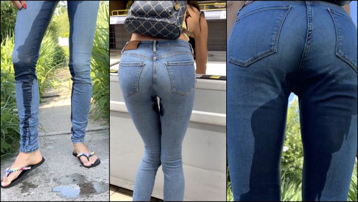 Wetting Jeans in Supermarket and on Street Public Outdoor