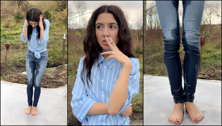 Wetting Jeans while Smoke Public Outdoor Desperation