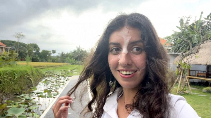 Cumwalk in Public Cafe Eating Pizza with Cum on Face Facial