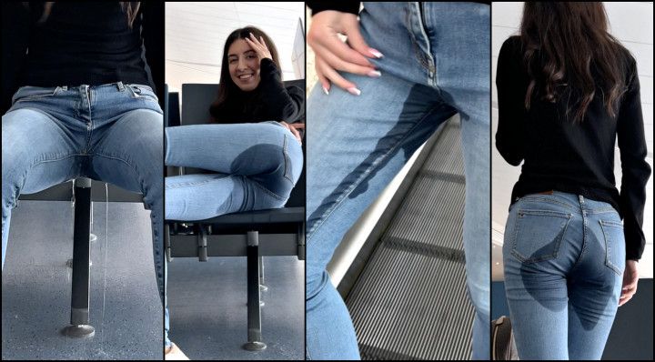 Risky Wetting Jeans in AIRPORT Public Pee Desperation