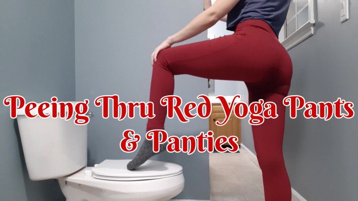 Peeing in Red Yoga Pants & Panties on the Toilet