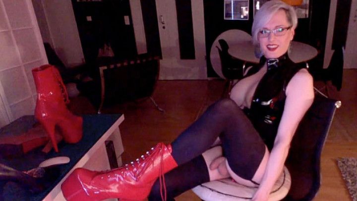 Plugged in black PVC bodysuit, red boots